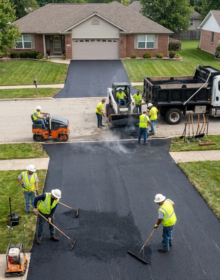 Pavex crew laying fresh hot asphalt at dusk